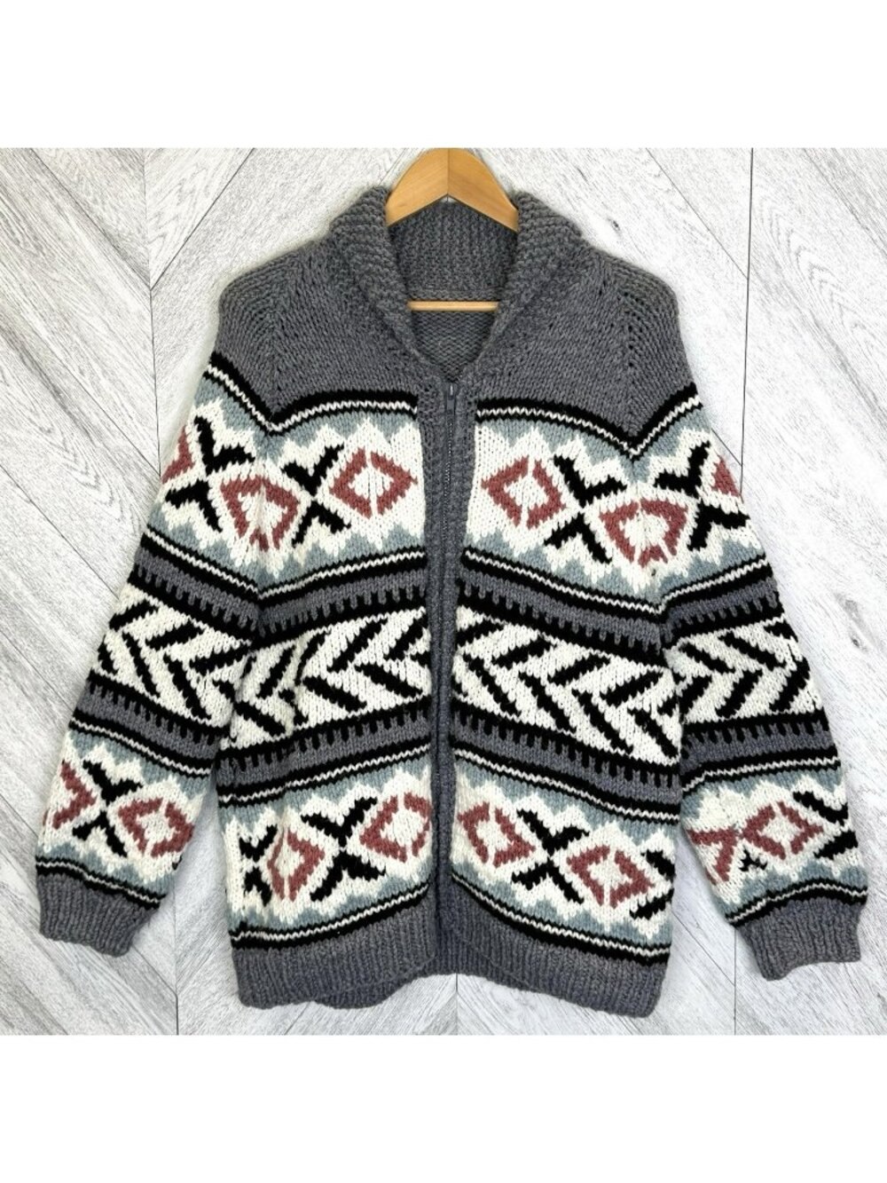 Handmade Knit Full Zip Heavy Cowichan Style Sweater Womens Size Large